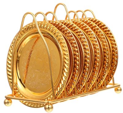 Amosfun 1 Set Snack Plate Tray Storage Rack Dinner Plate with Rack Plates with Rack Dinner Plates Gold Flatware Gold Charger Plate Storage Shelves Tray for Dresser Iron Golden re-usable