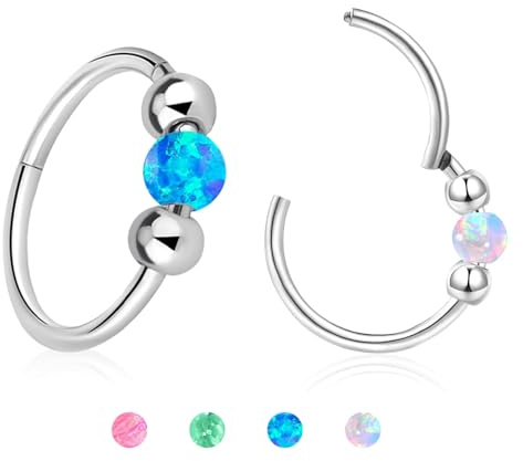 Happtkey 2 Stück Opal Nasenringe 18G Nasenringe aus Chirurgischem 316L-Stahl Hypoallergener Septum Nasenring für Damen 8mm/10mm Knorpel-Helix-Ohrringe