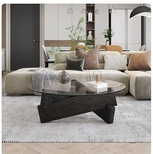 Moderna mesa de centro redonda de cristal con patas de madera maciza para decoración de sala de estar (patas negras + vidrio transparente)