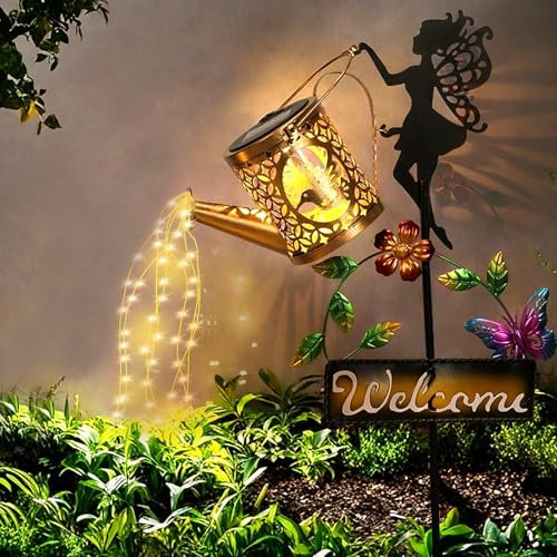 Tremdwoto solarlampen für außen garten，Solar gießkanne elfe mit schmetterlinge für außen gartendeko，solar giesskanne für außen wetterfest geschenk garten Gilt für Pfad Weg Rasen Hof