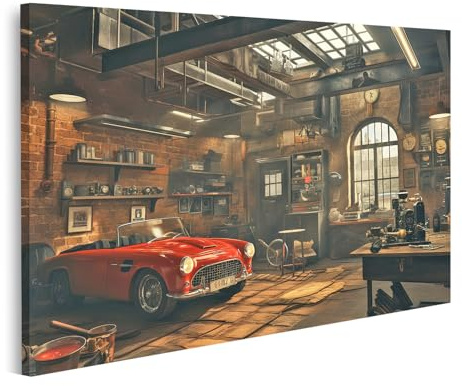 islandburner Bild auf Leinwand Klassisches Auto in altem Werkstatt Loft für Wohnzimmer Auto-Enthusiasten Autowerkstatt Bilder Wandbilder Poster