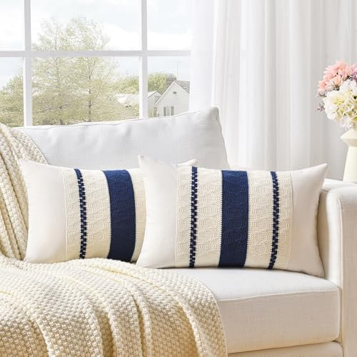 FDTERN 2er Set Boho Kissenbezug 30x50 Navy Blau,Dekorative Leinen Kissenbezüge Kissenhülle Dekokissenbezug Sofakissen Dekokissen Deko für Sofa Schlafzimmer Wohnzimmer