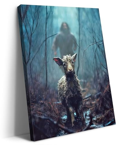 Artscope Leinwandbilder Jesus Verfolgt das Verlorene Lamm Motiv Kunstdruck - Religiöse Wandbild für Kirche Gebetsraum Wohnzimmer Wanddekoration - 30 x 40 cm