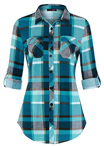 DJT Womens Soft Stretchy Knit Checked Shirts Roll Up Long Sleeve Button Down Collared Ladies Blouses Work Tops