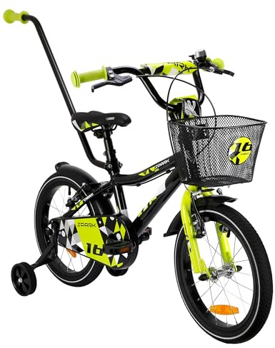 MIRAVO Kinderfahrrad 16 Zoll für Jungen von 4-6 Jahren mit Stützrädern und Schubstange - Leichtes Fahrrad für Kinder mit Korb - 8 kg - Aluminiumrahmen - V-Brake Bremsen - Spark Schwarz Grün