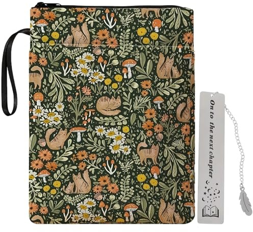 GIONAR Book Protector Zip Cat, Book Cover Womens, Gifts for Book Lovers | Book Sleeve Pouch 11.4×8.2 Inch, with 1 Stainless Steel Bookmark, for Most Books, Kindle, A5 Notebooks(Cat Flower Design）