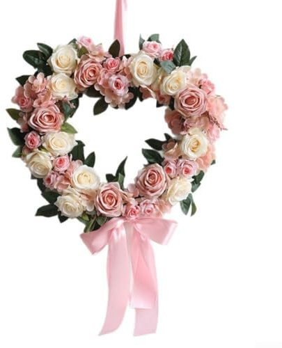 Handgefertigter Blumenkranz mit herzförmigem Rosen-Design mit Seidenblumen, geeignet für romantische Wohnkultur, Hochzeiten und Event-Dekoration