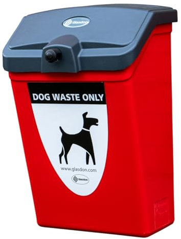 Glasdon Fido 25 Dog Waste Bin (Green or Red) with Graphics – 25 L Dog Poo Bin with Wall or Post Mounting Kit – Hygienic Pet Waste Bin & Self-Returning Lid (Red, Wall-Mounting Kit)