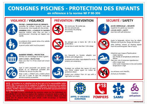 Panneau - Consignes Piscine Protection Enfants - Plastique rigide PVC 1,5 mm - Dimensions 300 x 210 mm - Protection Anti-UV