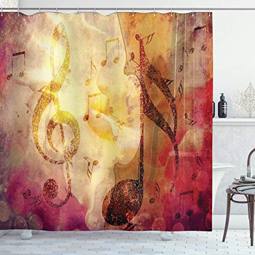 ABAKUHAUS Musik Duschvorhang, Bunte Anmerkungen Zusammensetzung, Stoffliches Gewebe Badezimmerdekorationsset mit Haken, 175 x 240 cm, Gelb Rosa