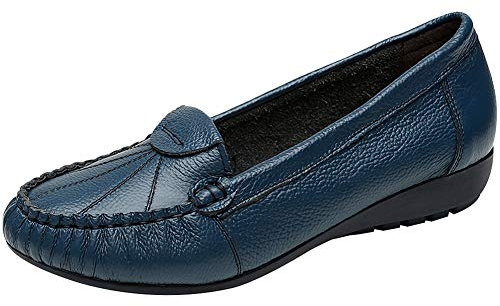 ANUFER Women's Genuine Leather Soft Sole Ballerinas Slip-on Low Wedge Heel Mid-Aged Walking Shoes Navy Blue SN02450 UK6.5=EU40