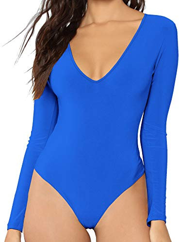 MANGDIUP Damen Langarm Tops Basic V-Ausschnitt Gymnastikanzug Bodysuit (7017 Königsblau, XXL), Königsblau