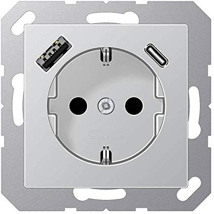 Jung A1520-15CAAL SCHUKO-Steckdose mit USB Typ AC (max. 3A) mit erhöhtem Berührungsschutz (Thermoplast bruchsicher) Aluminium Serie A