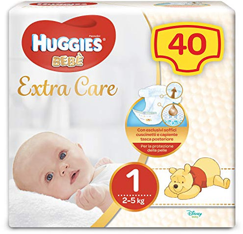 Huggies Extra Care Bebè, Windeln Größe 1 (2-5 kg), sehr saugfähig, Komplettschutz, Disney-Design, 40 Stück