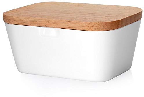 Nikou Butter Dish with Lid, 13.8x10x6.8 cm Butter Box Elegant Butter Container, 250g Sealing Butter Box with Wood Lid Storage Box Container for Butter Cheese Olives and more