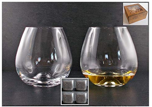 H-BO Geschenk 2 Amy Gläser Whisky Whiskey Rum Cognac Wasser + 4 Kühlsteine im Karton Holzoptik