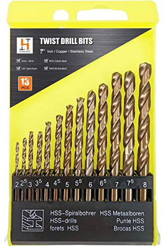 Hymnorq 13-Piece M35 Cobalt Steel Drill Bit Set (2mm-8mm) with Plastic Index Case, Dual Twist Flute, 135° Split Point, and Bronze Finish – Professional-Grade for Hard Metals