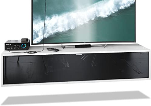 Vladon TV Board Lana 140 Hängeschrank Lowboard 140 x 29 x 37 cm, Made in Germany, Korpus in Weiß matt, Fronten in Schwarz Hochglanz | Große Farbauswahl