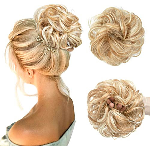 SARLA Unordentliches Dutt-Haarteil für Damen und Mädchen, synthetische Haargummis, Dutt, Verlängerung, Haarteile, Hochsteckfrisur, Pferdeschwanz, Goldblond/Strandblond