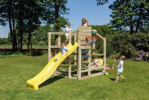 Gartenwelt Riegelsberger Spielturm Crossfit aus naturbelassenem Lärchenholz B206 x T215 x H240 cm mit Kletterwand Wellenrutsche ROT Basketballkorb Bodenanker Leiter und Griffe