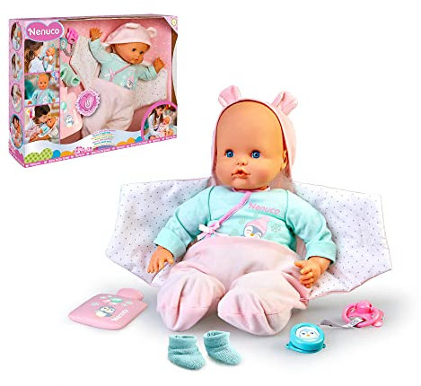 Nenuco - ¿Estás Bien tapadito?, muñeco de Cuerpo Blando, se Pone Malito, le cuidas con la Manta, tiembla y Tiene Fiebre, el Set Tiene Accesorios de Cuidado, un Chupete y Patucos, Famosa (700017360)