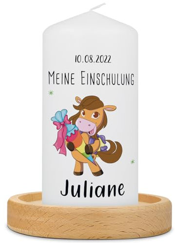 GRAVURZEILE Bedruckte Kleine Kerze - Einschulungskerze Pferde - Personalisiert mit Name & Datum - brilliant bedruckte Kerze zur Einschulung - Geschenk zum Schulanfang - Farbe Hellbraun