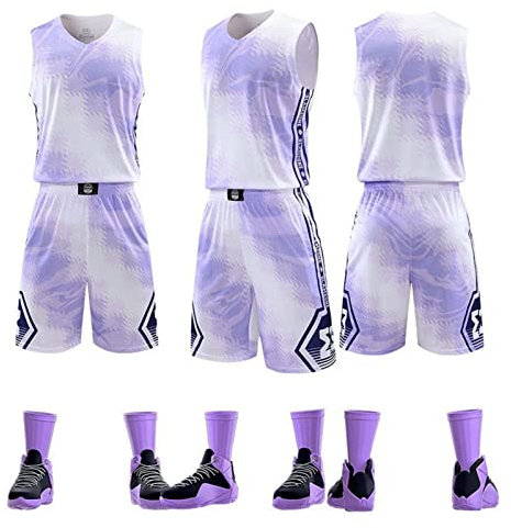HULG Basketball Trikot,Kinder/Erwachsener Basketball Trikot,2-teiliges Performance Mesh Basketball Set,Schnell Trocknend, Atmungsaktiv, Zarte Nähte (White Purple,S)
