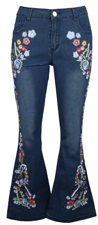 Womens Floral Embroidered Flared Jeans Bell Bottom Jeans Stretchy Denim Pants Casual Trousers, 1 Dark Blue, S
