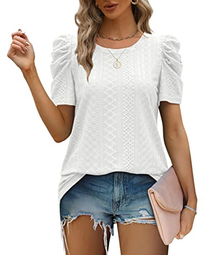 Aokosor White Tshirt Women T Shirts Ladies Tops Summer Clothes Round Neck Gigot Sleeve Casual Tees Eyelet Tops Size 22-24