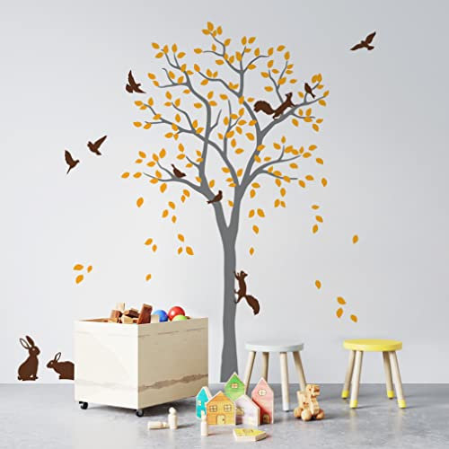 Großer Baum Wandaufkleber mit Vögeln, Eichhörnchen und Kaninchen Hasen Kinderzimmer Wanddekoration 095 (Grau, Goldgelb, Braun)