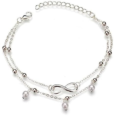 SJBAUTYO Boho Double Cheville Argent Perle Cheville Bracelet,Bracelet de cheville perlé de plage en argent Lucky 8 réglable pour femme,Perles Chaîne Pour Toujours Pied Bijoux,pour Femmes et Filles