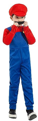 COXNSXX Costume da Super Idraulico Fratelli Costume classico per adulti/bambini con cappello, baffi per il costume di Martedì Grasso, Cosplay (Rosso S)