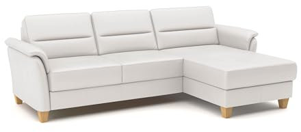 CAVADORE Leder-Eckcouch Palera mit Longchair / Landhaus-Sofa mit Federkern, Schlaffunktion + Bettkasten / 244 x 89 x 163 / Leder Weiß