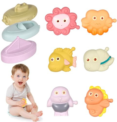 9 Stück Badespielzeug, Meerestier Badewannenspielzeug Pädagogisch Ohne Loch Duschspielzeug Kinder Badespielzeug Tiere Schiff Badebeißring für Säuglinge Kleinkinder 6-12 Monate