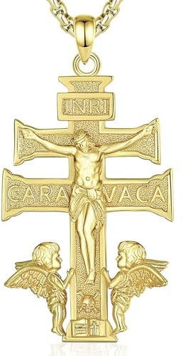 INFUSEU Collar Con Cruz De Caravaca, 18K Oro Medalla Pagana Colgante Patrono Ángel Religioso Cristiano Creencia Joyería De Protección Española Amuleto Regalos para Hombre Mujer