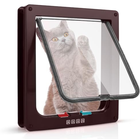 Puerta para Gatos Sailnovo 19 * 20 * 5,5cm, marrón, Talla M, Puerta para Gatos con Cerradura de 4 vías para Puertas Interiores y Exteriores, Puerta para Mascotas Resistente a la Intemperie