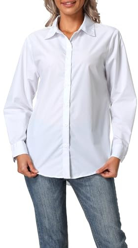 Zahala Battery Women's Button Down Shirt Casual Long Sleeve Solid Work Office V Neck Blouse Tunic Tops(White,XL)