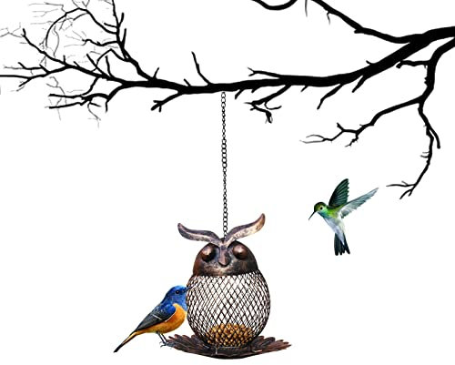 Metall Vogelfutterspender zum Aufhängen, Meisenknödelhalter Eule Metall Vogelfutterhaus, Futterspender Wildvögel Hängend Kegelblume Vogel Futterhaus Wetterfest Balkon