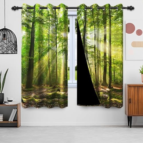 Uiiooazy Gardinen Waldmotiv, Vorhänge Grün Blätter Sonnenlicht Landschaft Gardinen Blickdicht Thermovorhang Polyester Thermogardinen Verdunklungsvorhänge mit Ösen für Wohnzimmer, 2er Set, 140x245cm