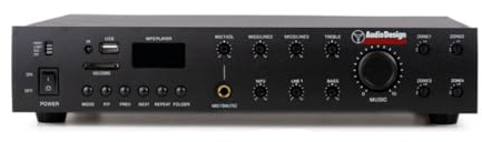 AUDIODESIGN PRO Amplificatore PA 4 Zone, 2 ingressi Mic e Aux, Amplificatore Audio Bluetooth e Scheda SD