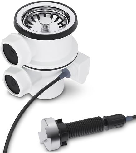 Aquade Válvula de cesta de colador, 70 mm, cesta colador, sifón para fregadero, juego de sifón para fregadero de cocina, desagüe de fregadero, modelo: cable Bowden + dos salidas laterales para