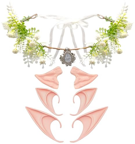 EUPSIIU Stirnband mit Elfenohren 3 Paar Waldblumenkrone Waldfee Strass Stirnband Kopfschmuck, Party Elfen Ohren Cosplay Zubehör for Kinder Erwachsene Halloween Karneval Partydekorationen