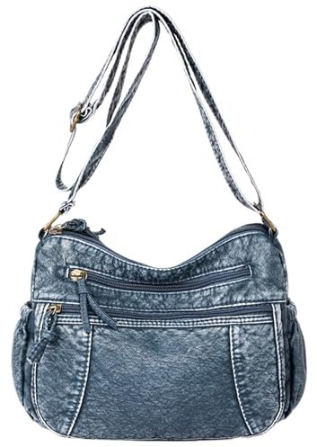 Denim-Umhängetasche, Denim-Geldbeutel für Frauen lässig Denim Crossbody Bag PU wasserdichtes Jean-Geldbörse Multipocket großer Kapazität Reißverschluss nicht aufpackter Denim-Umhängetasche, Lake Blue
