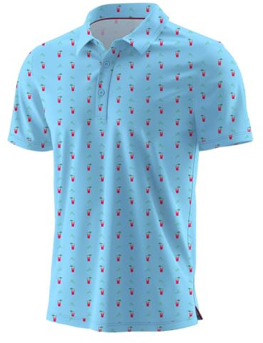 QIXING Summer Mens Golf Polo Shirts Moisture Wicking Printed Short Sleeve Quick Dry Polo T Shirts for Men Casual Golf Tops (Blue Wine Cup, M)