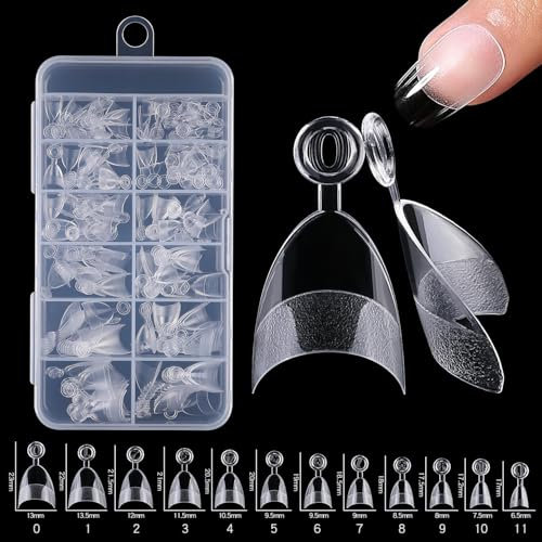 Extensions de faux ongles courts en gel d'amande - Demi-couverture - Extensions de faux ongles français - Demi transparent mat - Faux cercueil avec boîte d'assortiment - Ongles de salon avec poignée