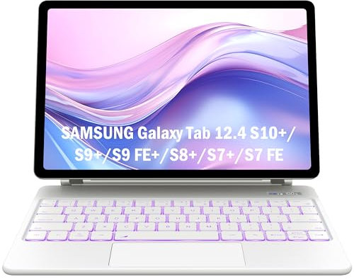 CHESONA Keyboard Case for Samsung Galaxy Tab S Series 10.5-12.4, Magnetic Stand with Touchpad & Pen Holder, Backlit, White
