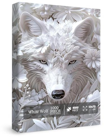 Impossible Flower Wolf Puzzles for Adults 1000 Pieces, Hard Difficult Animals White Jigsaw Puzzles, Floral Winter Wolves Art Puzzles