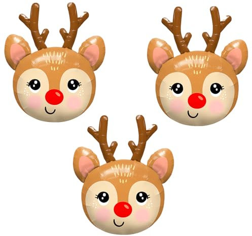 KOBOKO Reh Deko Weihnachten Ballon - 3 Stück Rentier-Luftballons, Weihnachtshirsch Helium Ballon für Weihnachten und Kindergeburtstag