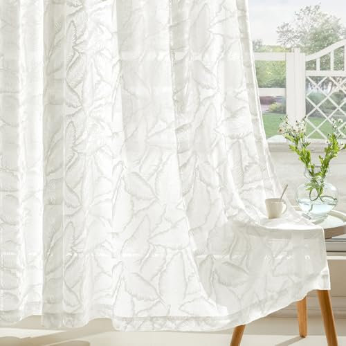 MIULEE Gardinen Voile Vorhang Vorhänge mit Blattmustern halbtransparent mit Ösen Curtains Schals für Wohnzimmer Schlafzimmer Kinderzimmer 2er Set 240×140cm (H×B) Weiß