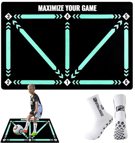 Audasi Fußball Trainingsset Mit Fussball Matte 60x90 cm, Fussballmatte Training Ballkontrolle mit Socken Fußball Schritt Trainingsmatte für Kinder Ballkontrolle Schritt-übungen Stoßdämpfende